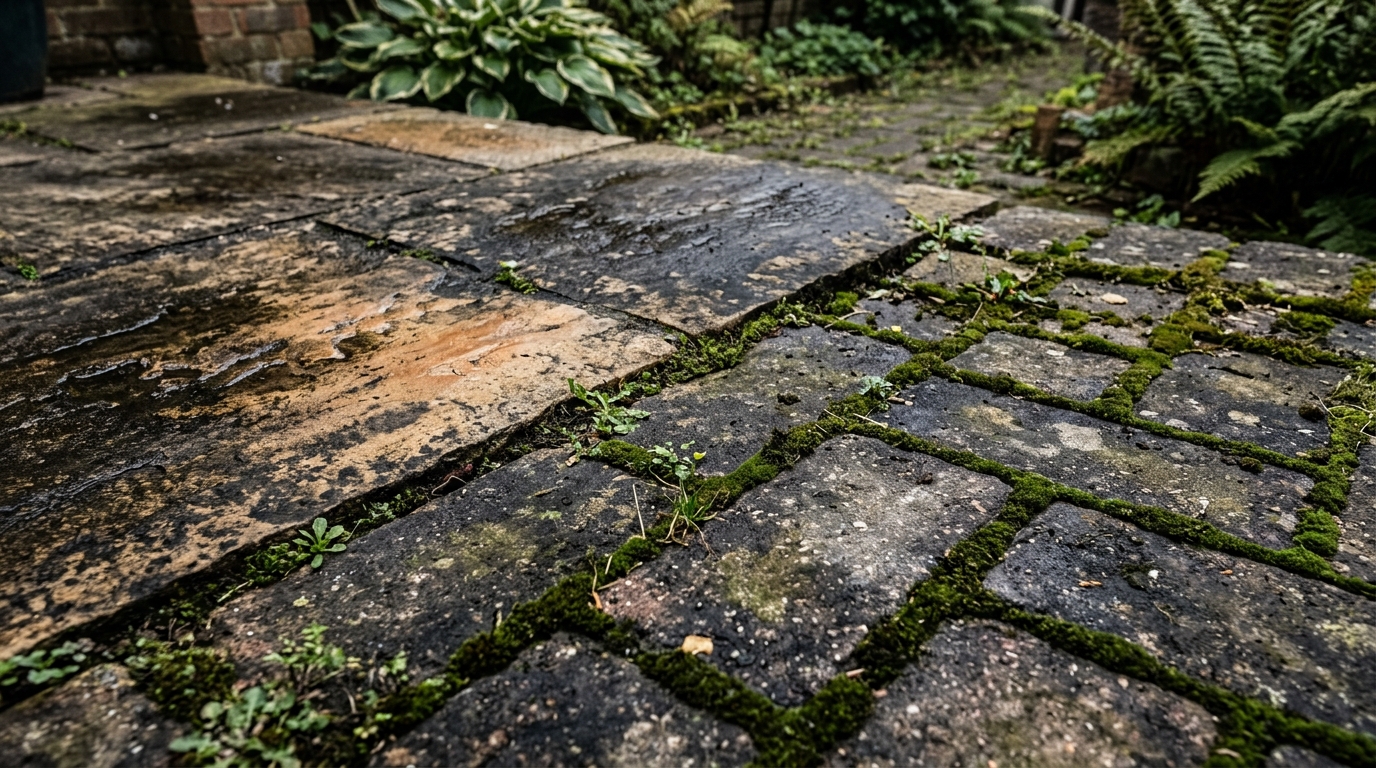 Weathered British patio stone before cleaning with algae and moss