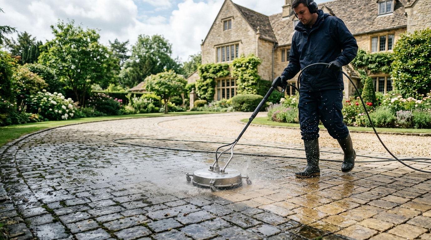 Professional rotary surface jet washing on British block paved driveway